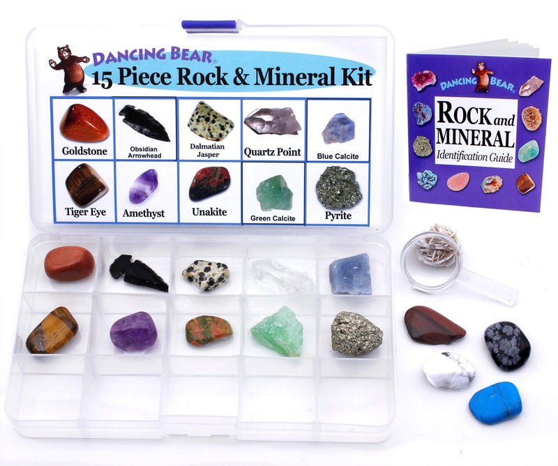 DANCING BEAR -15 Pc Rock & Mineral Collection with Collector Box/Display Case, ID Sheet, Rock Book, Magnifying Glass, Beginner Starter Set, Kids' Gemstone Crystal Kit, STEM Geology Science Education - Image 3